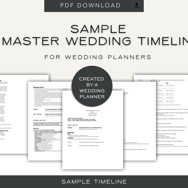 Sample Master Wedding Timeline for Wedding Planners, Sample Wedding Timeline, Sample Wedding Itinerary, Digital Download, PDF