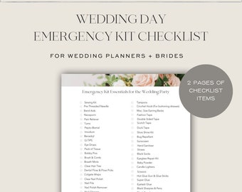 May include: A printable checklist for a wedding day emergency kit. The checklist includes items such as sewing kit, band aids, pain reliever, tampons, fashion tape, scotch tape, bug repellent, sunscreen, hand sanitizer, eye drops, bobby pins, breath mints, clear hair ties, nail polish remover, nail clippers, tweezers, white chalk, spray deodorant, scissors, hot glue gun and glue sticks, super glue, eyelash glue, black sharpies and pens, blank envelopes, notecards and envelopes, mini screwdriver set, and corsage pins. The checklist is titled "Wedding Day Emergency Kit Checklist" and "Emergency Kit Essentials for the Wedding Party".
