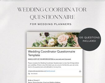 Wedding Coordinator Questionnaire Template, 105 Questions (Google Form, Digital Download)