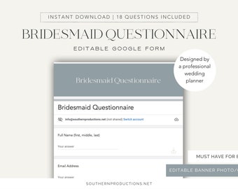 Bridesmaid Questionnaire, Editable Google Form Questionnaire, Editable Banner Photo