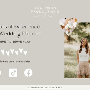 May include: A woman in a white sleeveless top and a floral skirt stands in a field with a bouquet of white flowers in a heart-shaped frame. The text "14 Years of Experience As a Wedding Planner HERE TO SERVE YOU!" is displayed above her. The text "Follow us on all the socials!" is displayed below her. Social media icons for Instagram, TikTok, and Facebook are displayed below the text. The text "SOUTHERNPRODUCTIONS.NET" is displayed at the bottom of the image.