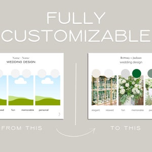 May include: A customizable wedding design template with a simple graphic of a landscape and a color palette with five swatches. The template is labeled "Name Name Wedding Design".
