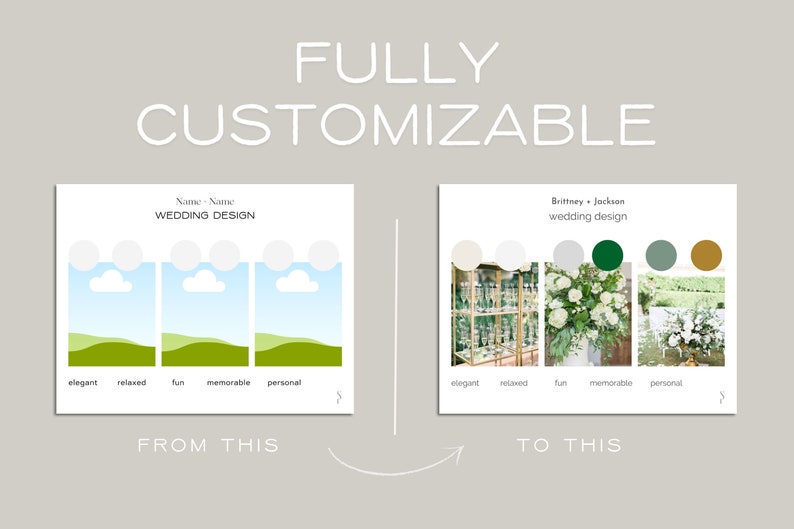 May include: A customizable wedding design template with a simple graphic of a landscape and a color palette with five swatches. The template is labeled "Name Name Wedding Design".