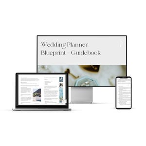 May include: A digital wedding planner guidebook displayed on a laptop, desktop monitor, and smartphone. The text "Wedding Planner Blueprint - Guidebook" is visible on the monitor. The laptop and smartphone screens show the guidebook's content.