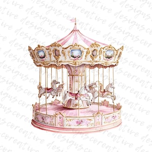 16 cliparts carrousel vintage, aquarelle carrousel clipart, cheval de carrousel, carrousel rose, clipart chambre d'enfant, Junk Journal, téléchargement numérique JPG