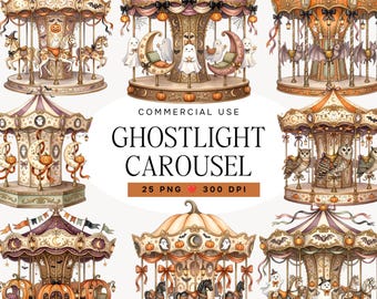 Halloween Carousel Clipart Bundle, Watercolor Vintage Ghost PNG, Spooky Carnival Art, Whimsical Fairytale Graphics