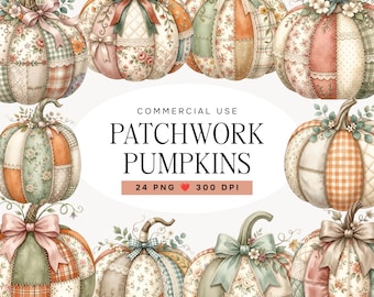 Watercolor Patchwork Pumpkin Clipart, Shabby Chic Fabric Pumpkin PNG Bundle, Cottagecore Fall Graphics, Commercial Use