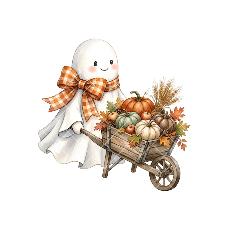 May include: A white ghost character with a large orange and white checkered bow, pushing a wooden wheelbarrow filled with various pumpkins, gourds, apples, pinecones, wheat stalks, and colorful autumn leaves against a plain white background.