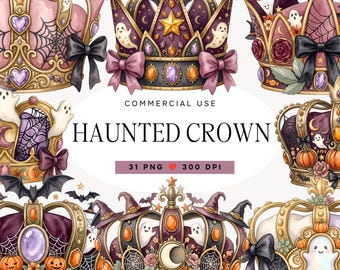 Halloween Crown Clipart Bundle, Watercolor Spooky Queen PNG, Haunted Royal Jewels, Whimsical Witch Fantasy Graphics