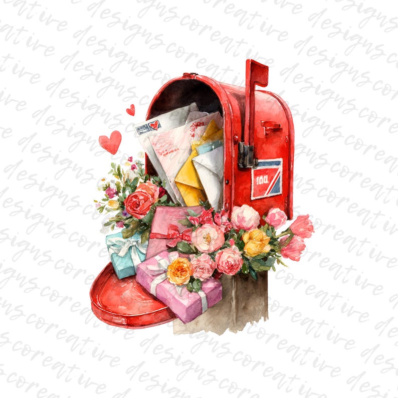 Valentine Mailbox Clipart Watercolor – Love Letters & Flowers, Romantic ...
