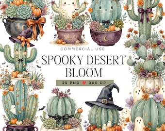 Halloween Cactus Clipart Bundle, Watercolor Spooky Succulent PNG, Cute Witchy Desert Plants, Whimsical Botanical Art