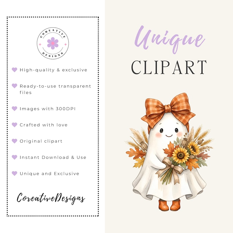 May include: A digital illustration of a white ghost character wearing an orange plaid bow and brown boots, holding a bouquet of sunflowers, autumn leaves, and wheat. The text reads Unique CLIPART and CoreativeDesigns with a list of features.