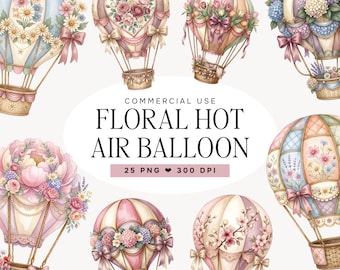 Floral Hot Air Balloon Clipart Bundle, Watercolor Vintage Balloon PNG, Romantic Cottagecore Flowers, Baby Shower Sublimation Download