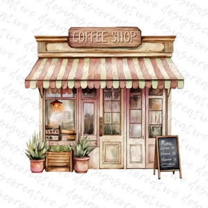 12 Coffee Shop Clipart, Watercolor Cafe, Storefront Clipart, Printable Watercolor Clipart, Paper Crafts, Journal, Digital Download JPG