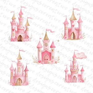 May include: Watercolour illustrations of pink castles with gold accents, flags, and floral decorations. Each castle features turrets, arched doorways, and heart-shaped details, creating a whimsical fairytale theme.