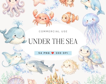 Under the Sea Clipart Bundle, Watercolor Ocean Animals PNG, Baby Shower Decor, Commercial Use