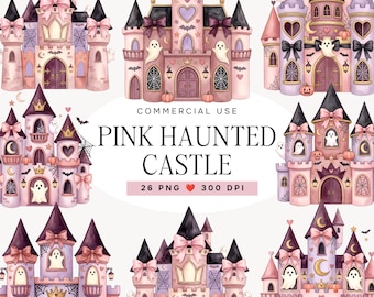 Imágenes prediseñadas de castillo embrujado rosa, paquete PNG de castillo de princesa de Halloween, lindo castillo con corona de fantasma, arte de cuento de hadas espeluznante en acuarela