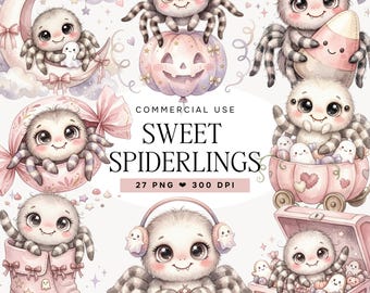 Cute Spider Clipart, Watercolor Baby Spider PNG, Kawaii Halloween Spider Clip Art, Pastel Ghost Pumpkin Sublimation, Spooky Cute Graphics