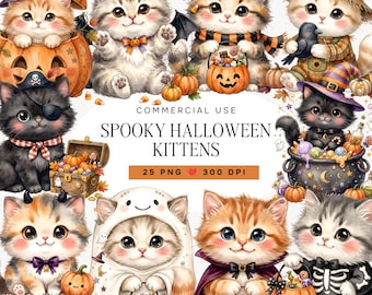 Halloween Cat Clipart Bundle, Watercolor Black Kitten PNG, Cute Spooky Cats, Whimsical Autumn Graphics, Commercial Use