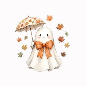 May include: A white ghost illustration featuring a smiling face with pink cheeks, wearing a large orange bow. The ghost holds a beige umbrella patterned with orange pumpkins and autumn leaves, surrounded by floating orange and brown maple leaves.