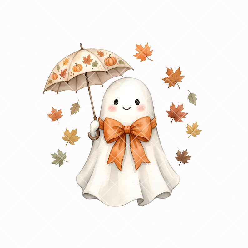 May include: A white ghost illustration featuring a smiling face with pink cheeks, wearing a large orange bow. The ghost holds a beige umbrella patterned with orange pumpkins and autumn leaves, surrounded by floating orange and brown maple leaves.