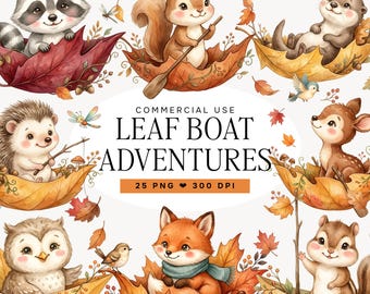 Woodland Animals Clipart, Watercolor Fall Animals PNG, Autumn Forest Animal Clipart, Cute Leaf Boat Animals, Woodland Sublimation
