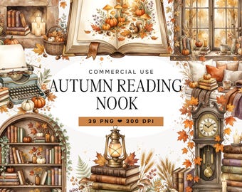Cozy Autumn Clipart, Watercolor Fall Reading Nook PNG, Cozy Books Clipart, Pumpkin Library, Cottagecore Sublimation Graphics