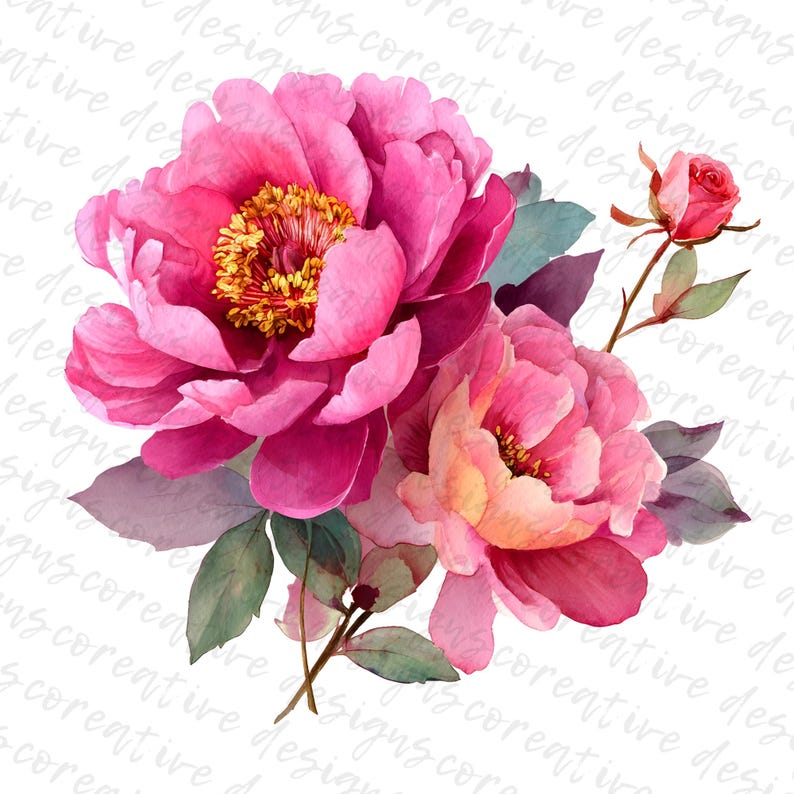 May include: Watercolor illustration of pink peonies and a small rose. The large flowers have multiple layers of petals with yellow centers. Green and purple leaves and stems complete the floral arrangement. The background is white with a watermark.