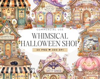 Halloween Shop Clipart, Watercolor Halloween Storefront PNG, Whimsical Pumpkin Bakery, Witch Shop, Spooky Town Sublimation