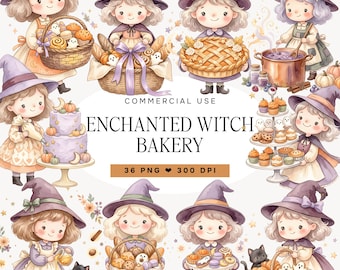 Cute Halloween Witch Clipart, Watercolor Witch Bakery PNG, Kawaii Baking Clip Art, Pumpkin Ghost Dessert Sublimation, Fall Bakery Graphics