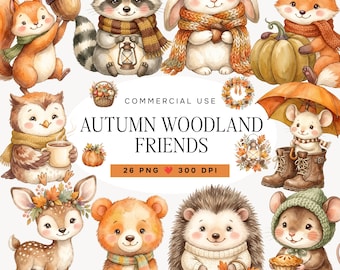 Watercolor Autumn Woodland Animals Clipart, Cute Forest Friends PNG Bundle, Fall Nursery Graphics, Commercial Use