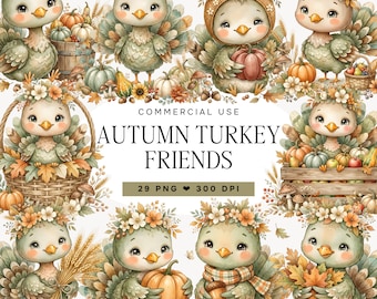 Turkey Clipart, Watercolor Thanksgiving Turkey PNG, Cute Autumn Turkey Clipart, Fall Harvest Animals, Pumpkin Sublimation Graphics