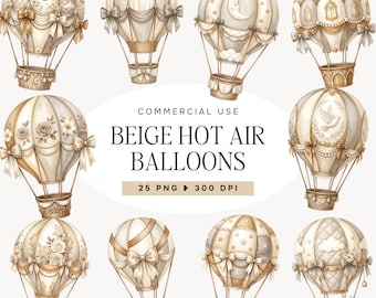 Beige Hot Air Balloon Clipart, Neutral Nursery PNG Bundle, Boho Baby Shower Clipart, Watercolor Balloon, Vintage Nursery Graphics