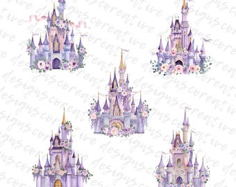 Imágenes prediseñadas de castillo de princesa en acuarela, PNG de cuento de hadas lila (descarga digital)