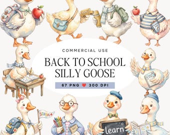 Bundel met grappige gans-clipart, aquarel schoolgans PNG, afbeeldingen voor de start van het schooljaar, commercieel gebruik.