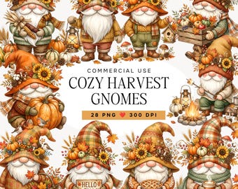 Autumn Gnome Clipart Bundle, Watercolor Harvest Gnomes PNG, Fall Cottagecore Graphics, Cozy Nursery Decor, Commercial Use