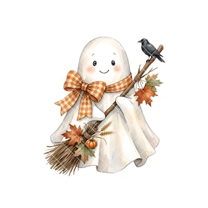 May include: A white ghost illustration featuring a smiling face with pink cheeks, wearing an orange and white checkered bow. The ghost holds a wooden broom decorated with autumn maple leaves, wheat stalks, a small orange pumpkin, and a black crow.