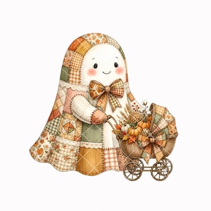 Patchwork-Geister-Clipart-Bundle, Aquarell-Herbst-Halloween-PNG, Cottagecore-Quilt-Geister, Vintage-Kinderzimmergrafiken, Kommerzielle Nutzung Bild 4