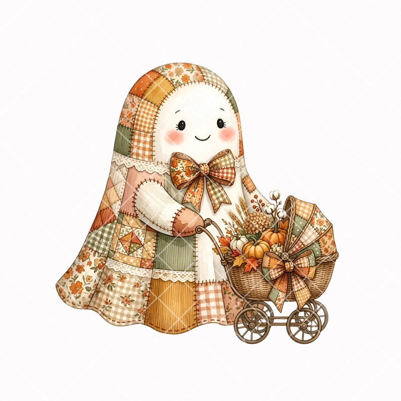 Patchwork-Geister-Clipart-Bundle, Aquarell-Herbst-Halloween-PNG, Cottagecore-Quilt-Geister, Vintage-Kinderzimmergrafiken, Kommerzielle Nutzung Bild 4