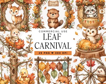 Woodland Animals Clipart, Watercolor Fall Animals PNG, Autumn Forest Animal Clipart, Cute Woodland Creatures, Leaf Carnival Sublimation