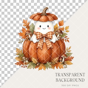 Halloween Ghost Clipart Bundle, Watercolor Cute Ghost PNG, Cozy Autumn Halloween Graphics, Whimsical Nursery Art, Commercial Use image 2