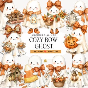 May include: A collection of white ghost illustrations featuring orange plaid bows, pumpkins, autumn leaves, books, lanterns, and tea sets. The central text reads COMMERCIAL USE COZY BOW GHOST 25 PNG 300 DPI, showcasing various seasonal fall themes.