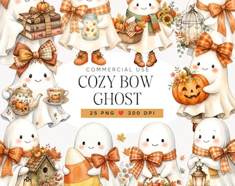 Halloween Ghost Clipart Bundle, Watercolor Cute Ghost PNG, Cozy Autumn Halloween Graphics, Whimsical Nursery Art, Commercial Use