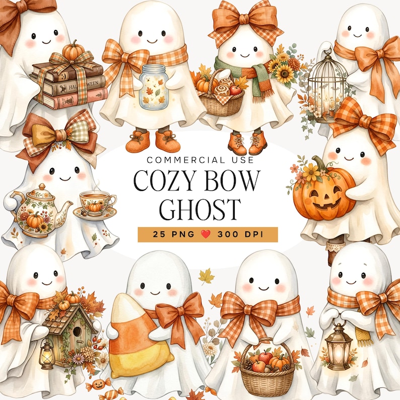 May include: A collection of white ghost illustrations featuring orange plaid bows, pumpkins, autumn leaves, books, lanterns, and tea sets. The central text reads COMMERCIAL USE COZY BOW GHOST 25 PNG 300 DPI, showcasing various seasonal fall themes.