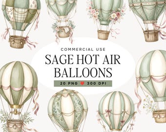 Imágenes prediseñadas de globos aerostáticos en acuarela color salvia, conjunto PNG floral vintage, gráficos para guardería, uso comercial.