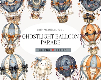 Halloween Hot Air Balloon Clipart, Watercolor Ghost Balloon PNG Bundle, Spooky Sky Nursery Art, Vintage Storybook Graphics
