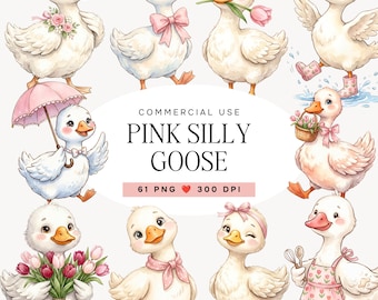 Watercolor Pink Goose Clipart, Cute Goose PNG Bundle, Baby Shower Graphics, Commercial Use