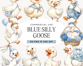 Blue Silly Goose Clipart, Cute Goose PNG, Nursery Decor, Commercial Use