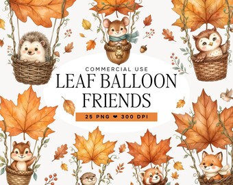 Woodland Animals Clipart, Watercolor Fall Animals PNG, Autumn Forest Animal Clipart, Cute Woodland Creatures, Leaf Balloon Sublimation