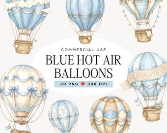 Puede incluir: Una colección de siete globos aerostáticos estilo acuarela en tonos azul y crema. El texto dice: COMMERCIAL USE BLUE HOT AIR BALLOONS 20 PNG 300 DPI. Los globos presentan varios patrones que incluyen nubes, estrellas, lazos y motivos florales.